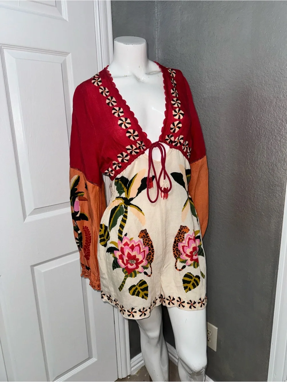 Anthropologie Pink and Cream Embroidered V-Neck Romper - Picture 13 of 17